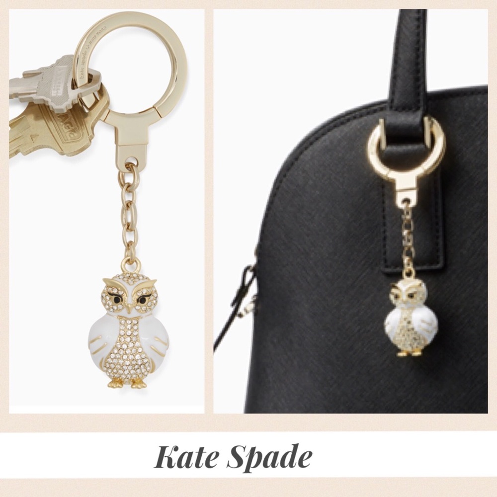 NWT Kate Spade Jeweled Owl Keychain Gold White FOB